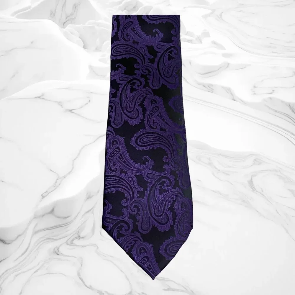 KissTies Men'sTie Purple & Black Paisley Pattern Necktie Hand Made Microfiber